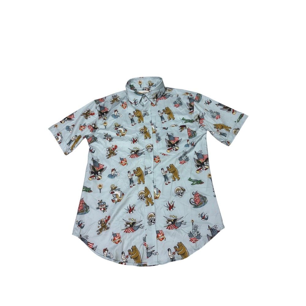 RSVLTS Mens Small Americana Tattoo Print Short Sleeve Button Down Shirt Blue